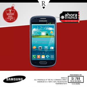 Ripley Mini S3 Android 4.1 wifi bluetooth a S/. 799 soles con tarjeta Ripley