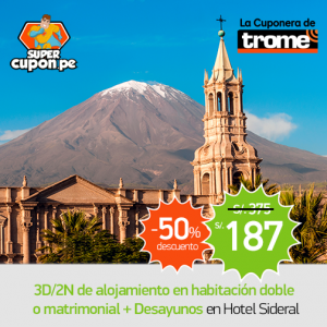 En HOTEL SIDERAL ¡Arequipa para 2! S/. 187 por 3D/2N de alojamiento en habitación doble o matrimonial + Desayunos,