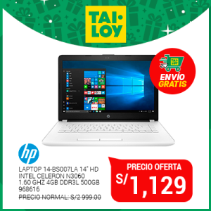 HP LAPTOP 14-BS007LA 14» HD INTEL CELERON N3060 1.60 GHZ 4GB DDR3L 500GB