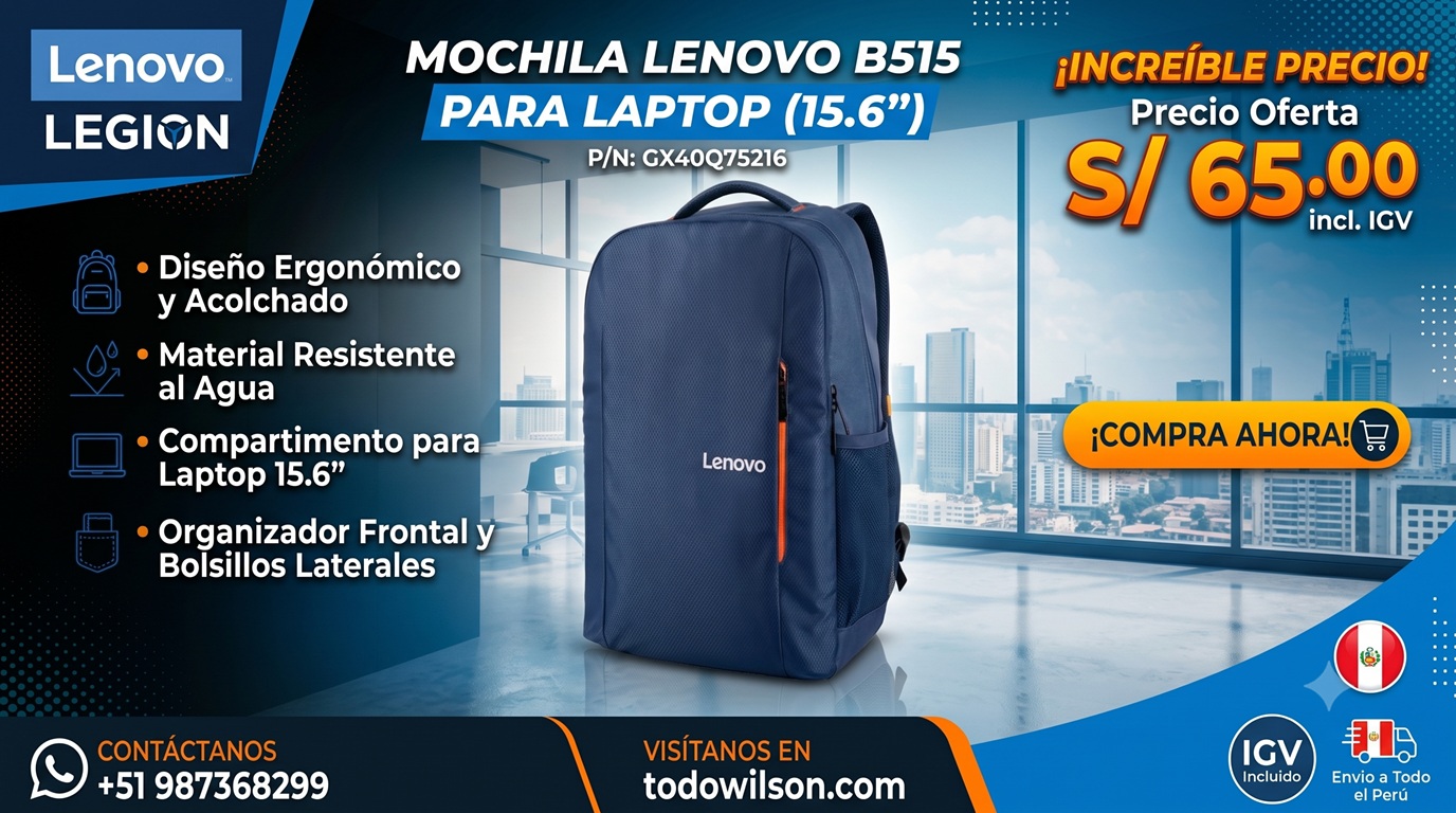 Mochila Lenovo B515 Para Laptop De Hasta 15.6″, Color Azul