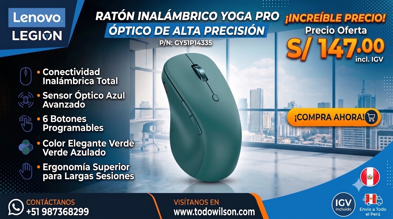 Mouse Lenovo Yoga Pro, Interfaz Sensor óptico Azul Inalámbrico, 6 Botones, Verde Azulado
